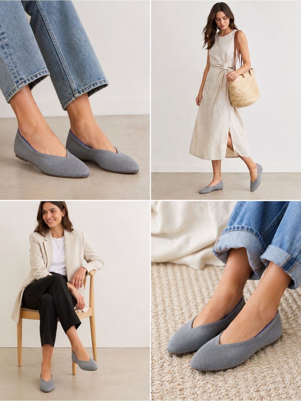 Rothy's Flats Womens 10 Gray Knit Pointed Toe Slip On Washable Good